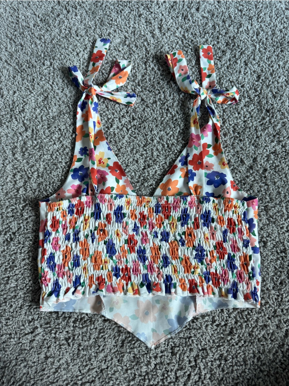 SHEIN White Floral Tie-Front Crop Top with Orange & Purple Blooms - Picture 3 of 5